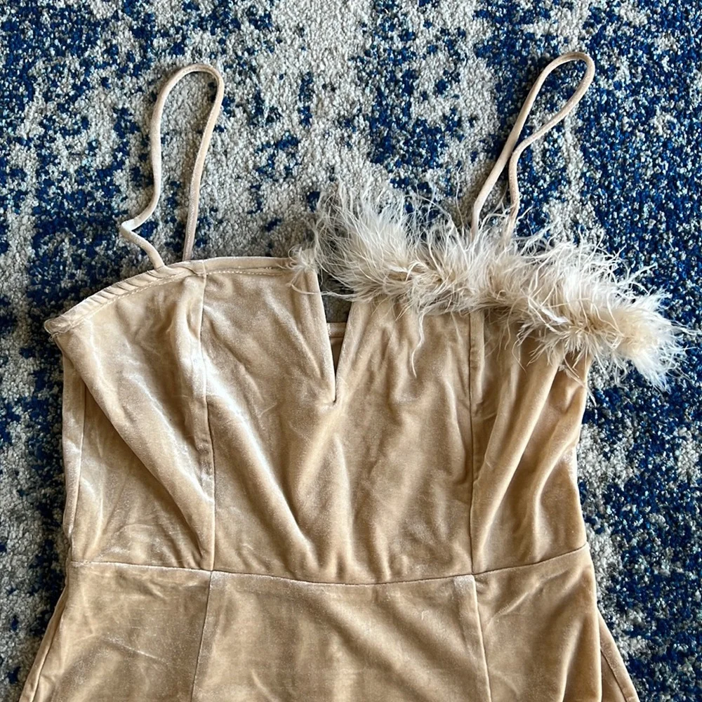superdown Erika Feather Trim Mini Dress in Champagne M - Picture 5 of 9
